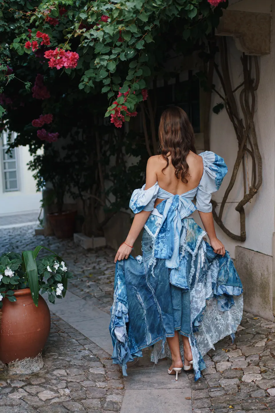 Striped shirting corset with patchwork denim column skirt